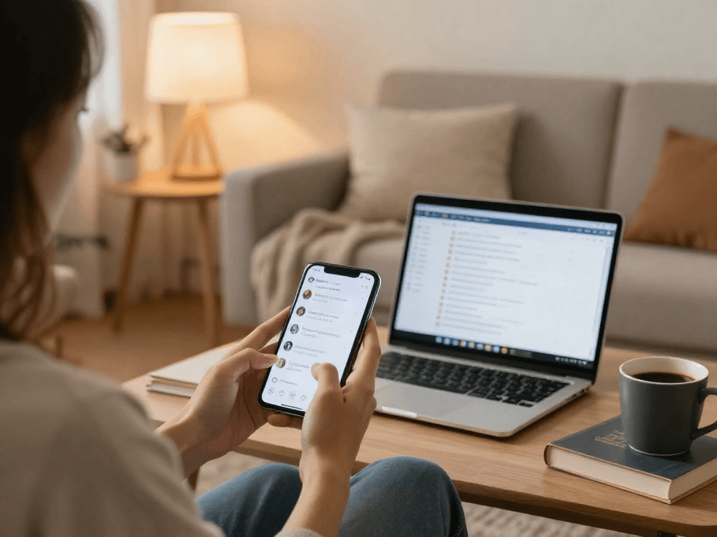 Engaging in sex chat AI on a smartphone in a cozy living room setting.
