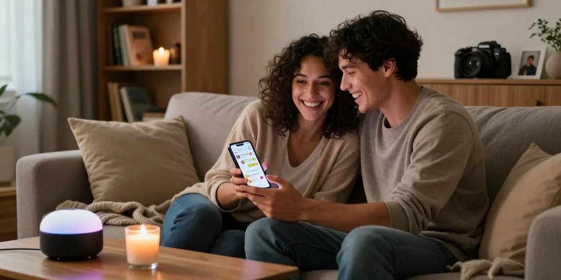 Couple engaging with sex chat AI on smartphones in a cozy setting.