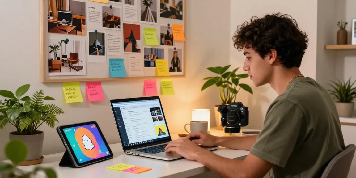 Creative young person utilizing Snap Chat Mega in a stylish home office, brainstorming content ideas.