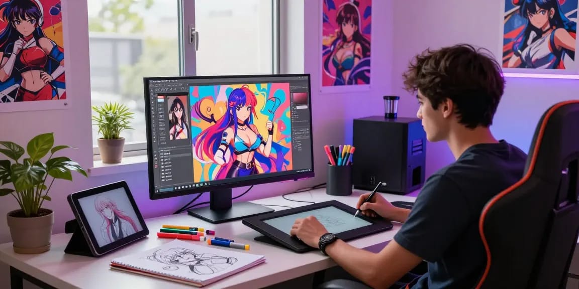 Creative workspace of an artist generating ecchi AI characters with vibrant imagery.