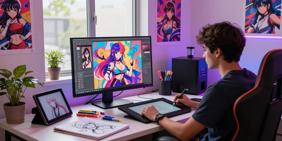 Creative workspace of an artist generating ecchi AI characters with vibrant imagery.