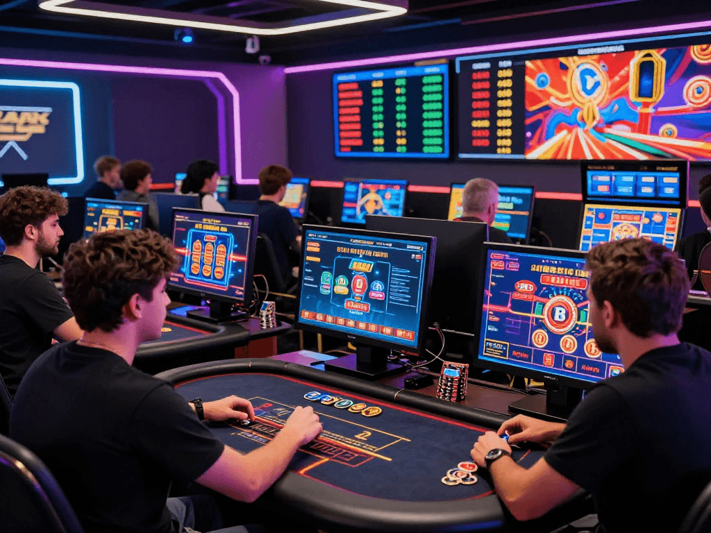 Exciting crypto casino scene with players immersed in diverse gaming experiences and vibrant technology.