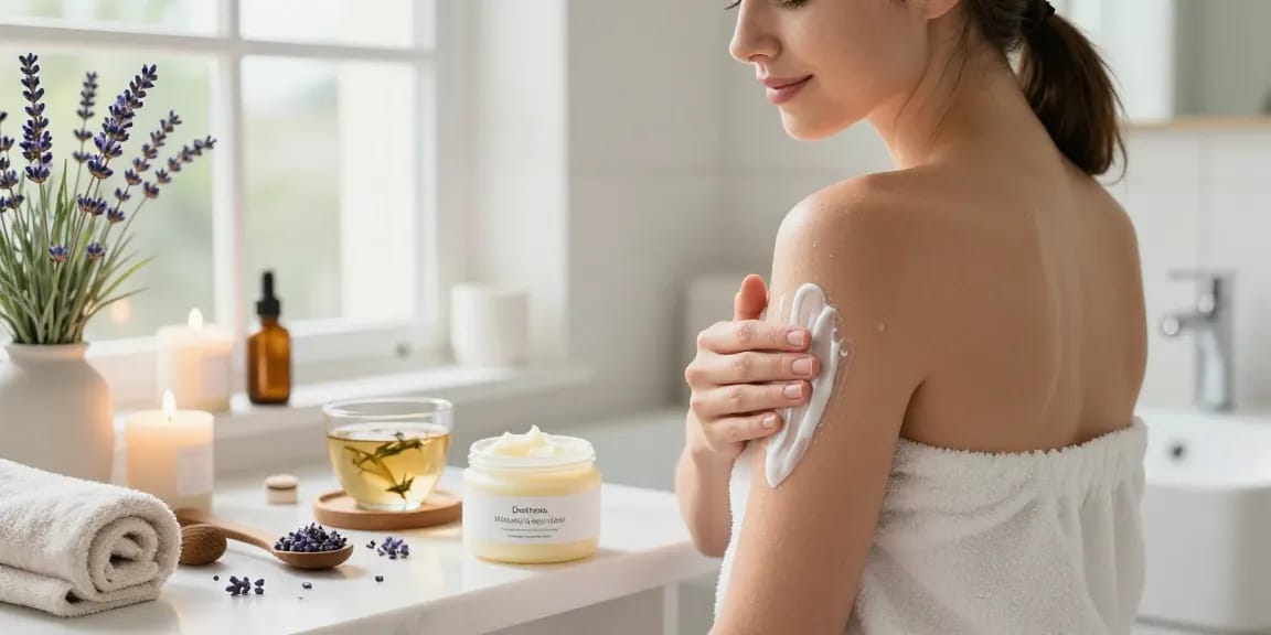 Applying De stress Whipped Body Butter in a calming home spa setting.