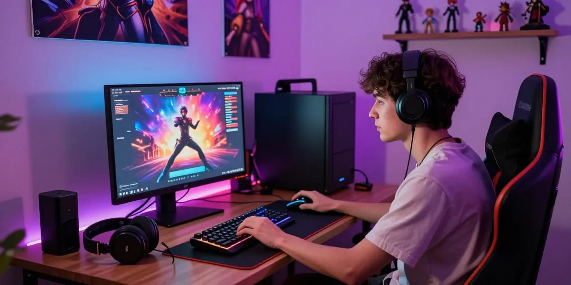 Engaged gamer immersed in an html porn game with vibrant graphics and gaming setup