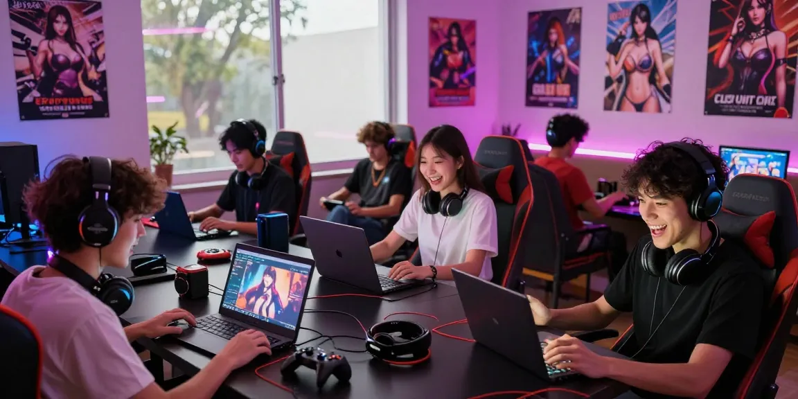 Gamers enjoying ero games in a lively lounge, showcasing excitement and fun.