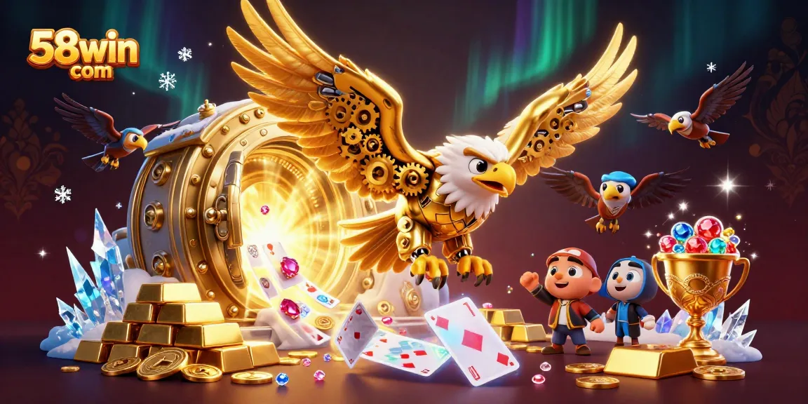 Experience thrilling gameplay at 58win com with a dynamic 3D casino illustration showcasing vibrant treasures and action.