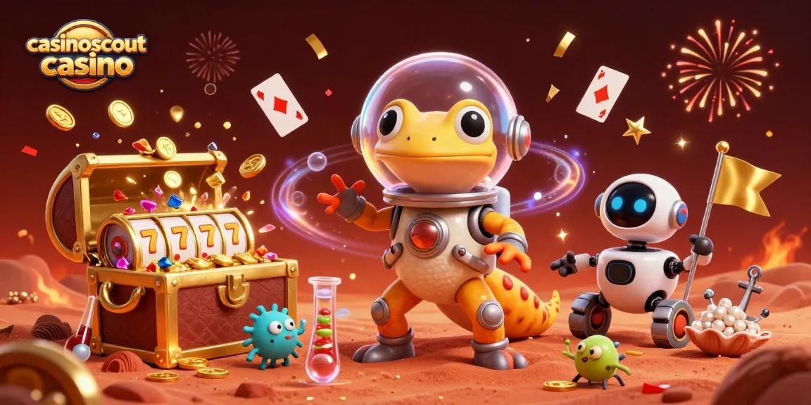 Engage with the casinoscout casino as a Martian gecko discovers treasures in a vibrant casino environment.