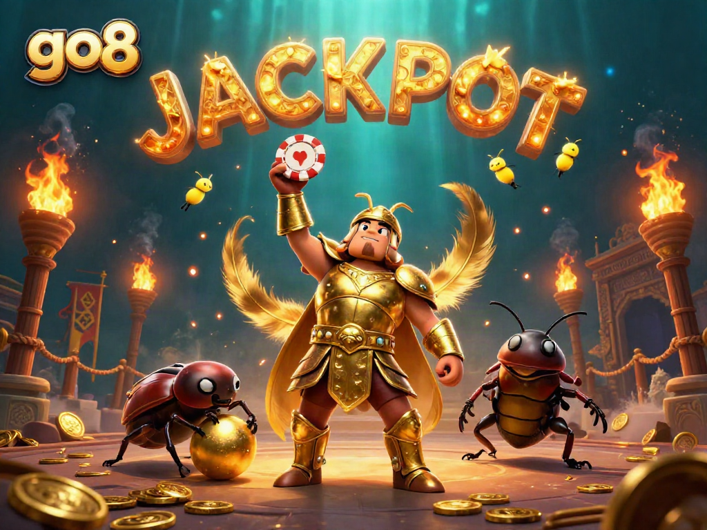 Go8 beetle champions celebrate victory with dazzling jackpot in this dynamic casino scene.