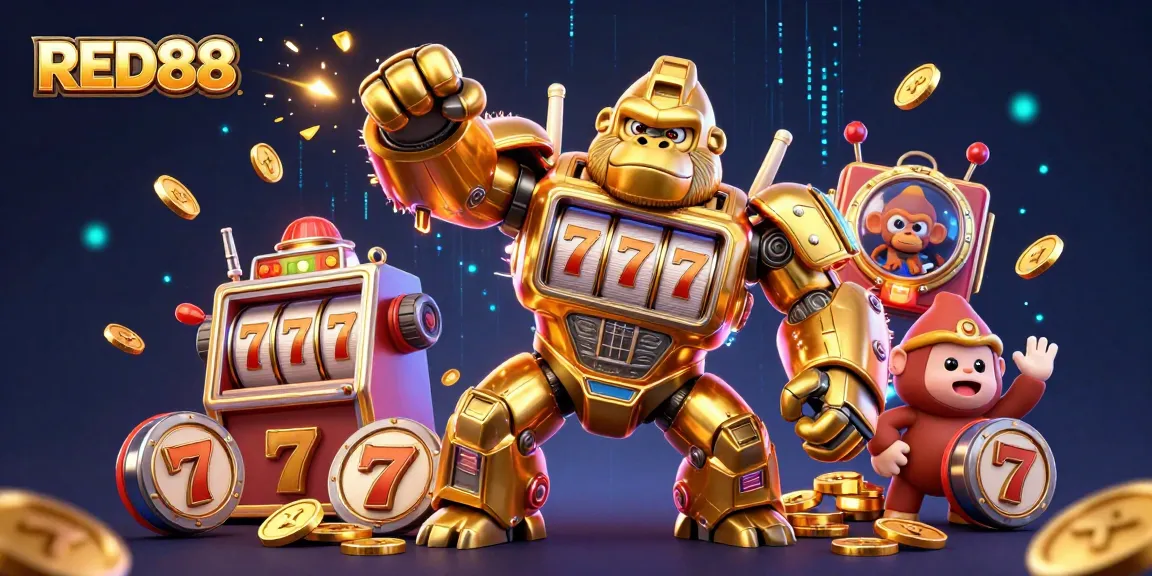 Engage with the thrilling world of RED88 in this dynamic casino illustration featuring a golden mech and slot casino elements.
