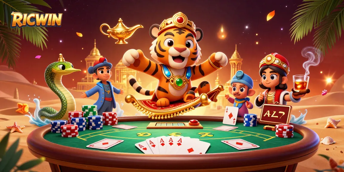 Play poker with RICWIN: An impressive Arabian Nights-themed scene filled with vibrant casino elements.