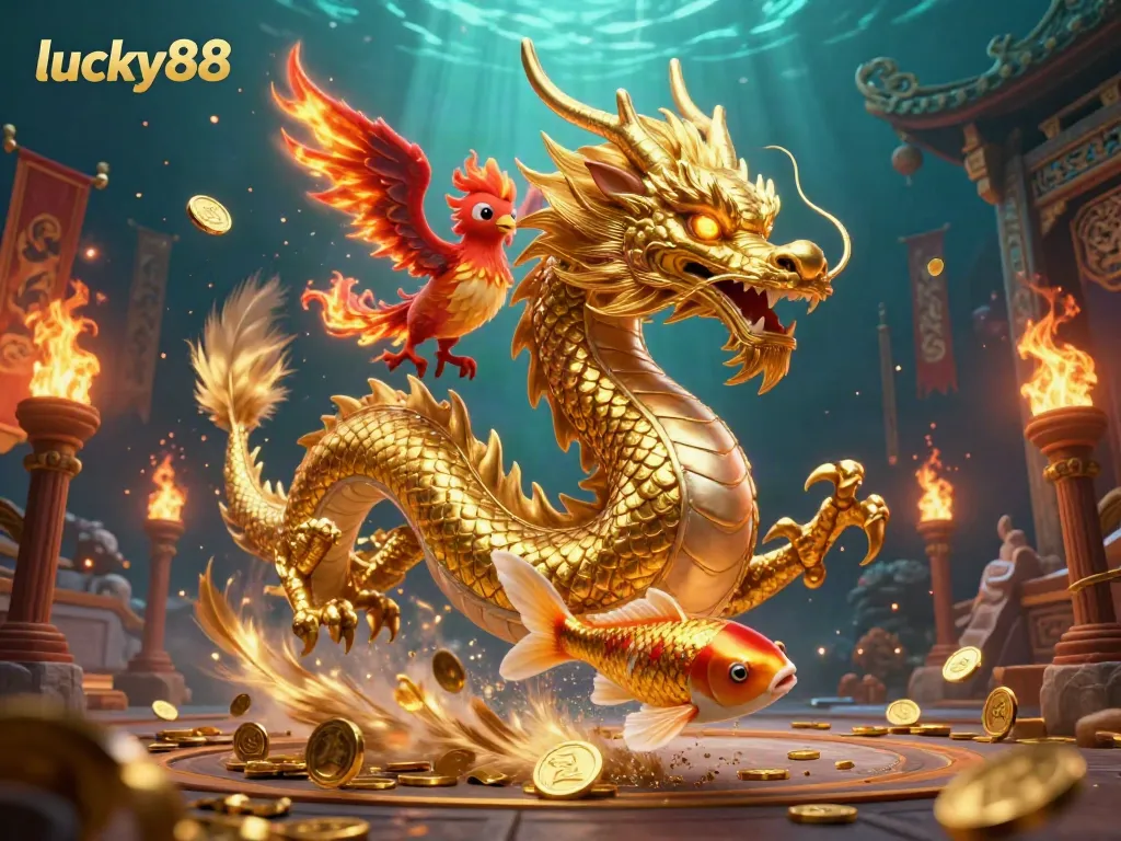Experience the thrill of lucky88 with a dragon, phoenix, and koi in a vibrant casino scene.