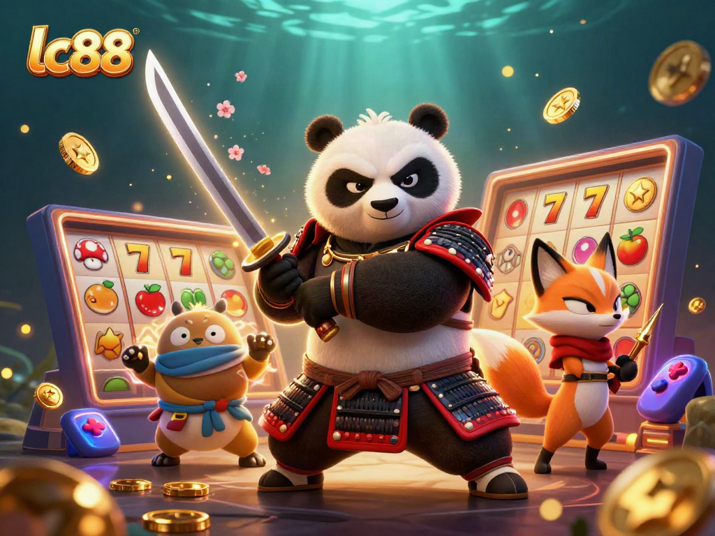 Engage with lc88's thrilling slot games featuring a dynamic samurai panda and ninja fox.