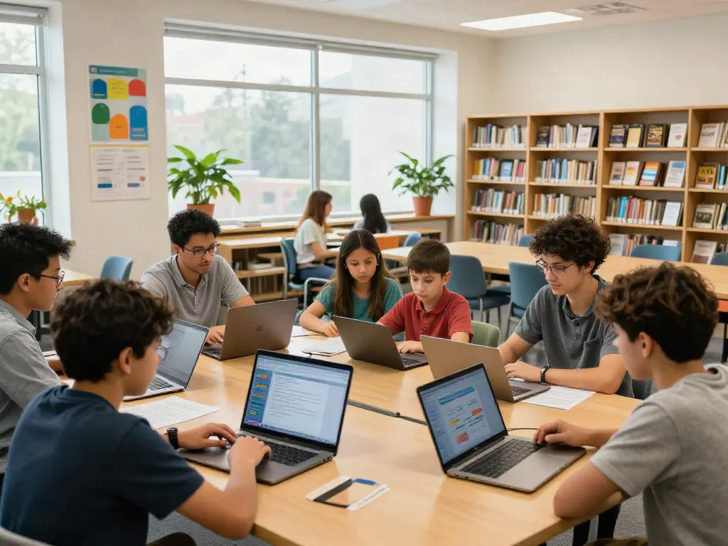 Students exploring special info on learning disabilities in a library.