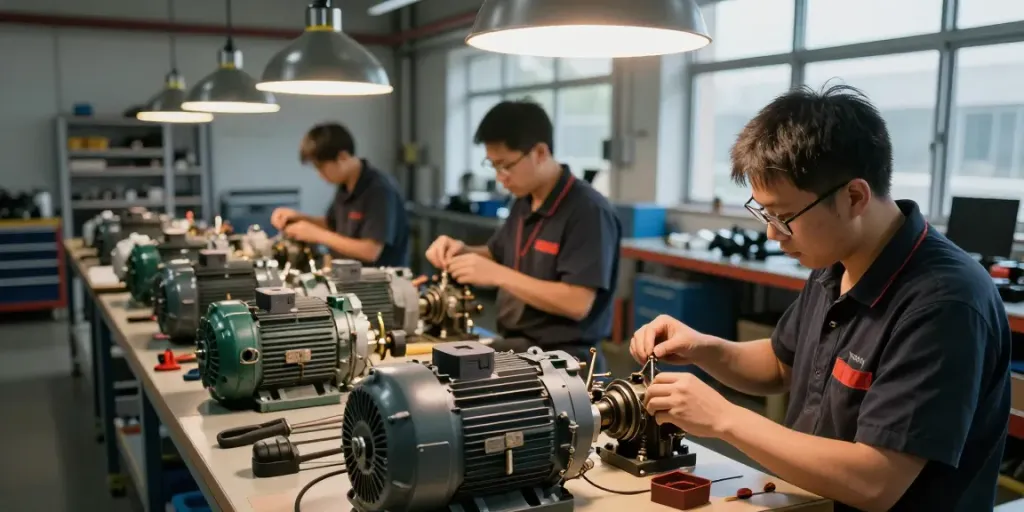 Trabajo en taller con motores eléctricos Venezuela, técnicos ensamblando componentes eléctricos.