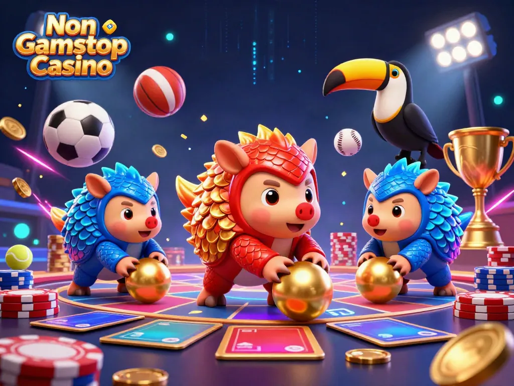 Experience the excitement of a Non Gamstop Casino with vibrant pangolin rivals amidst gaming elements.
