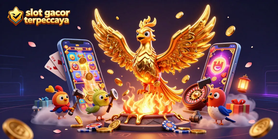 Engage in thrilling gameplay with slot gacor terpercaya, animated by a golden phoenix, smartphone games, and dynamic casino elements.