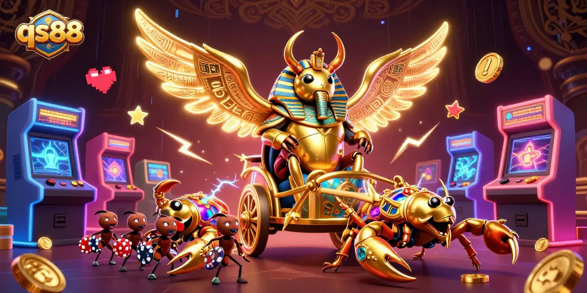 Experience exciting games at qs88 with vibrant golden scarab characters and casino elements.