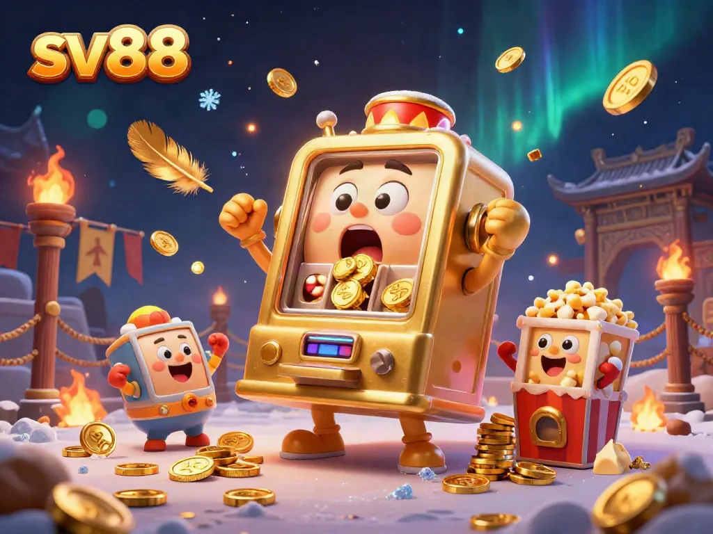 Experience a thrilling jackpot at sv88 with dynamic golden slot machines, coins flying, and celebrating characters.
