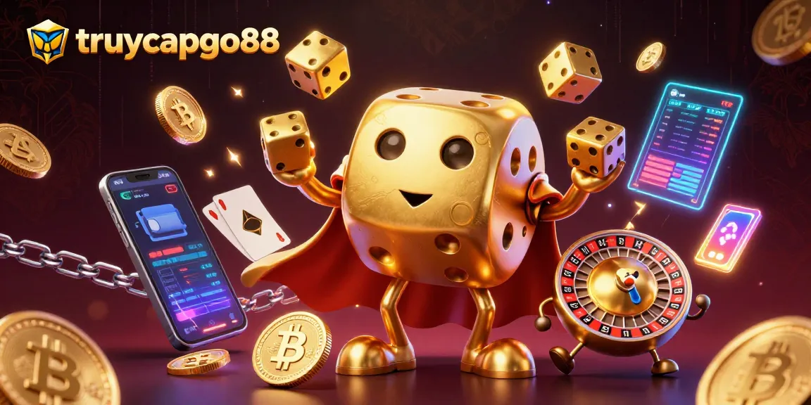 Experience dynamic gameplay at truycapgo88 with a vibrant 3D illustration of casino elements like dice and coins.