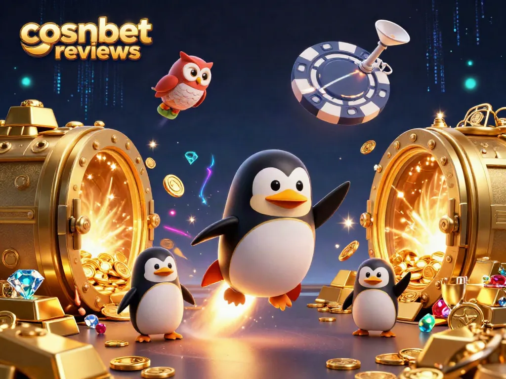 Experience thrilling cosmobet reviews with a golden penguin and dazzling casino treasures.