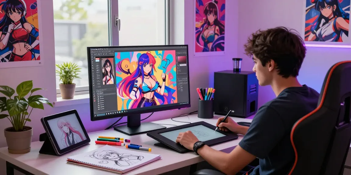 Creative workspace of an artist generating ecchi AI characters with vibrant imagery.