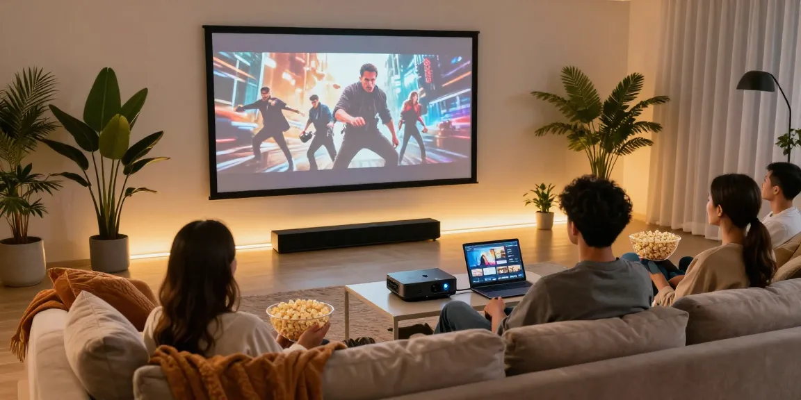 A cozy movie night with friends in a tech-savvy home theater showcasing the best projector 2026 on a large screen.