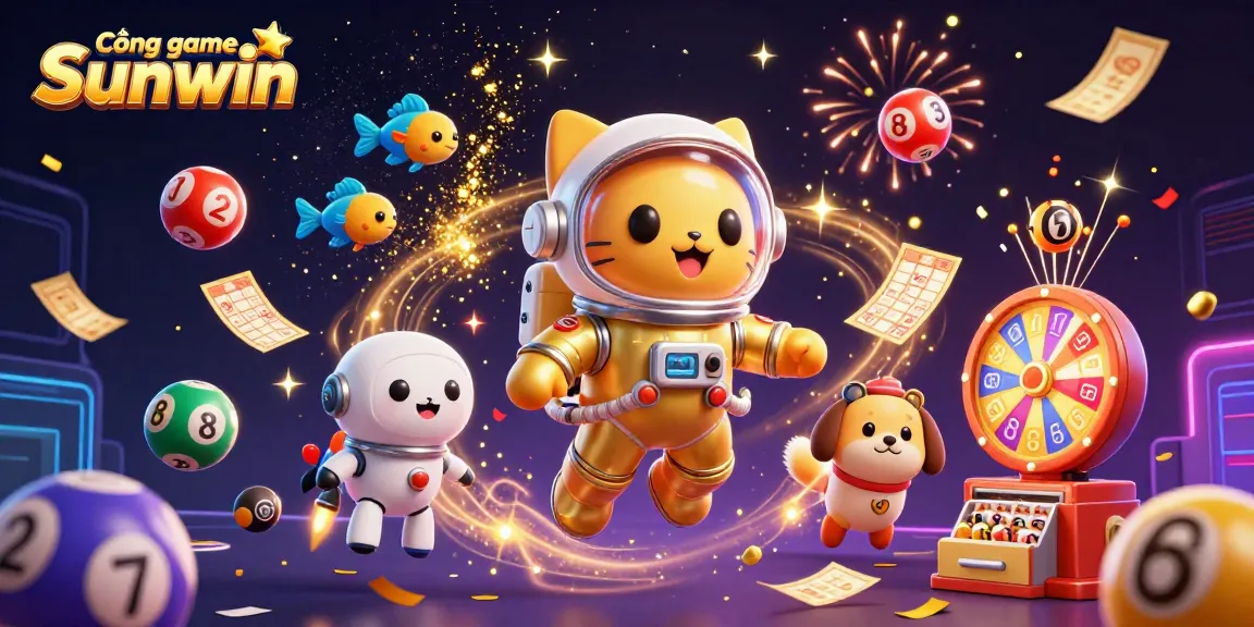 Cổng game Sunwin brings excitement with dynamic lottery elements and vibrant characters in 3D illustration.