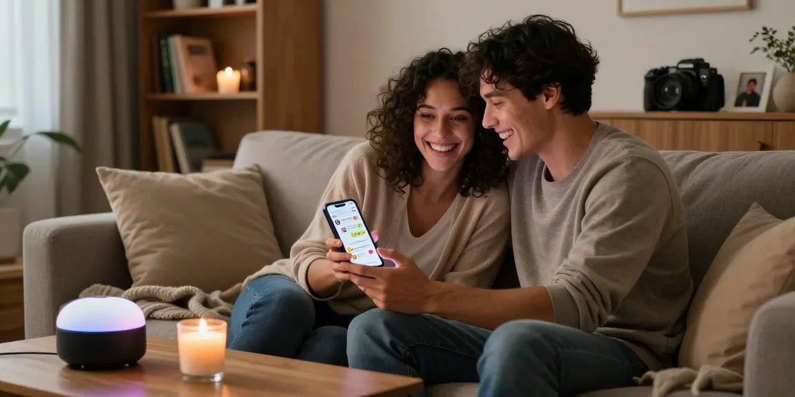 Couple engaging with sex chat AI on smartphones in a cozy setting.