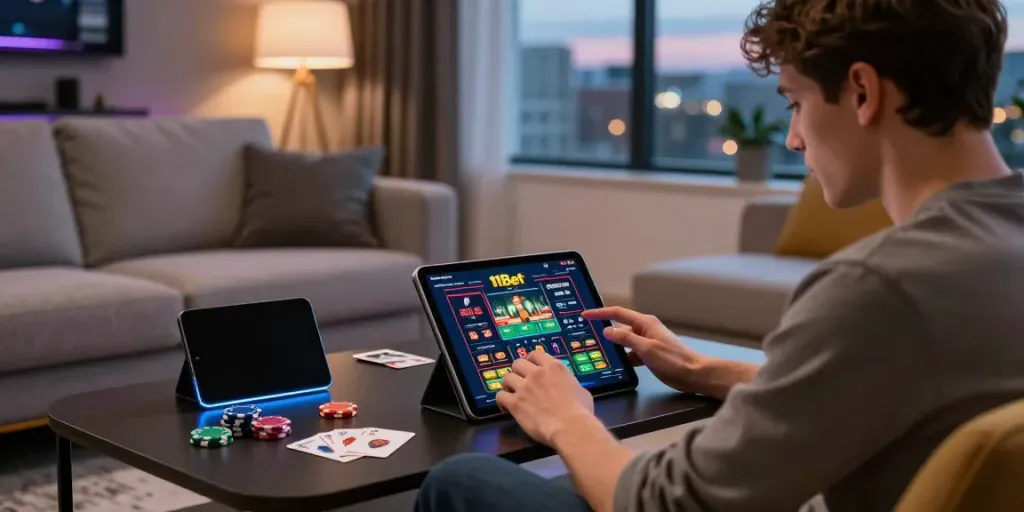 Engaged user exploring the 11Bet app in a modern gaming lounge with vibrant colors.