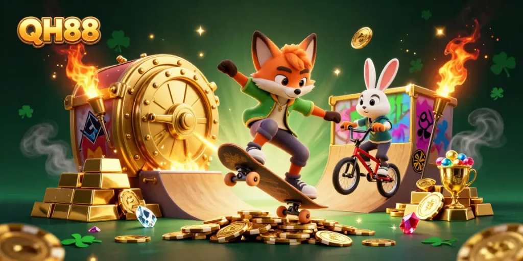 Experience the excitement at QH88 with a vibrant casino scene featuring dynamic characters.