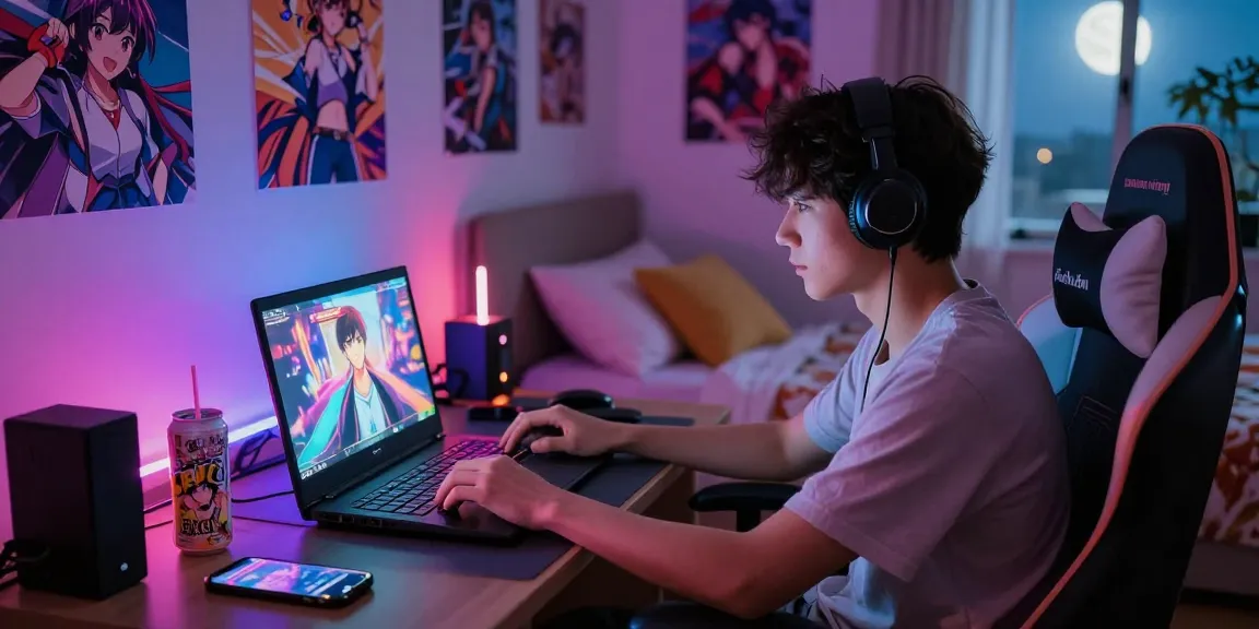 Engaged player enjoying a hentai game online in a colorful, cozy bedroom.