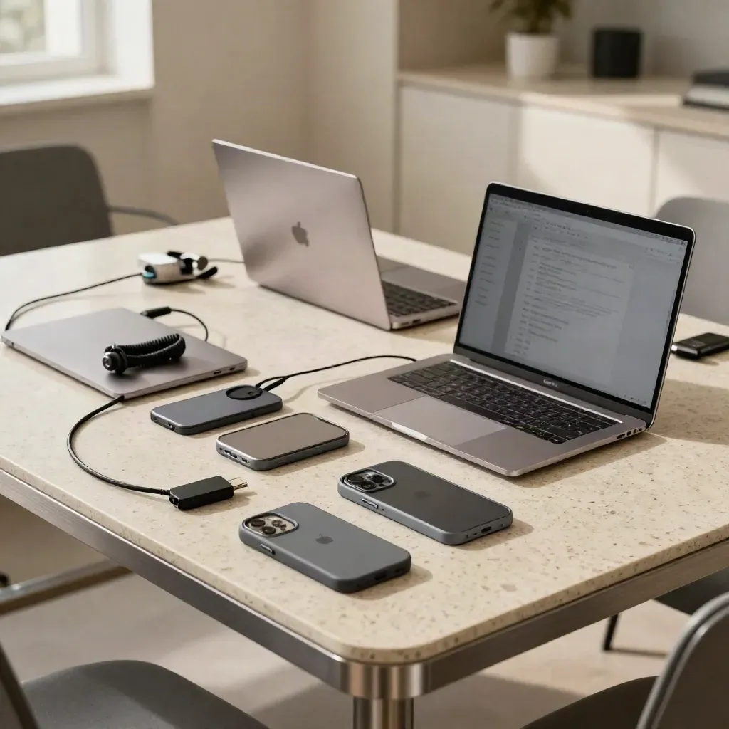 Closed laptops, secured phones, cable locks, and a USB key on a travertine desk