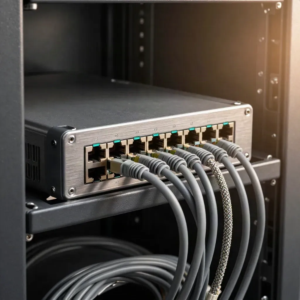 Firewall appliance in a rack with patch cables and a live network switch