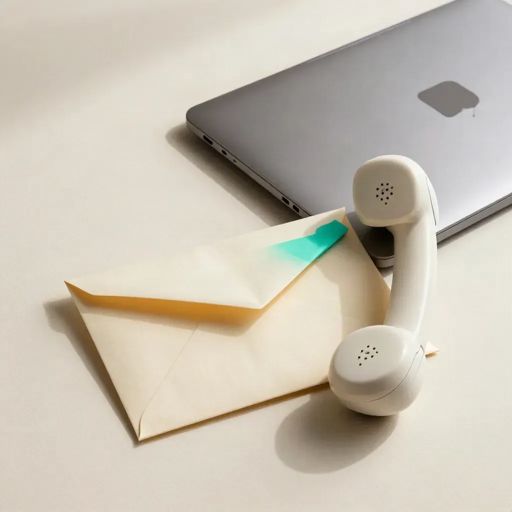 Phishing training props on plaster: sealed envelope, handset and closed laptop with teal seal.