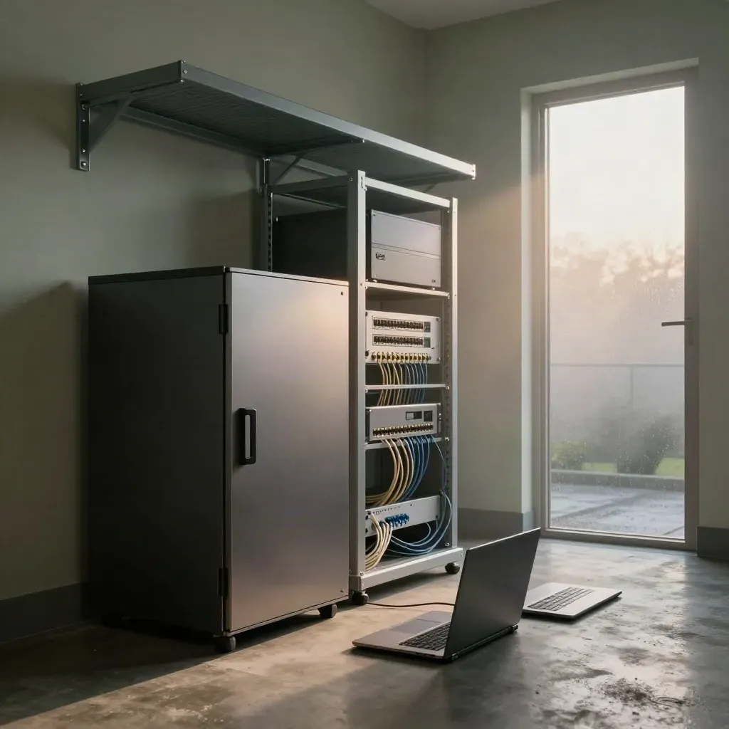 Moody secure comms alcove with firewall racks, backup vaults and closed laptops in dawn mist.