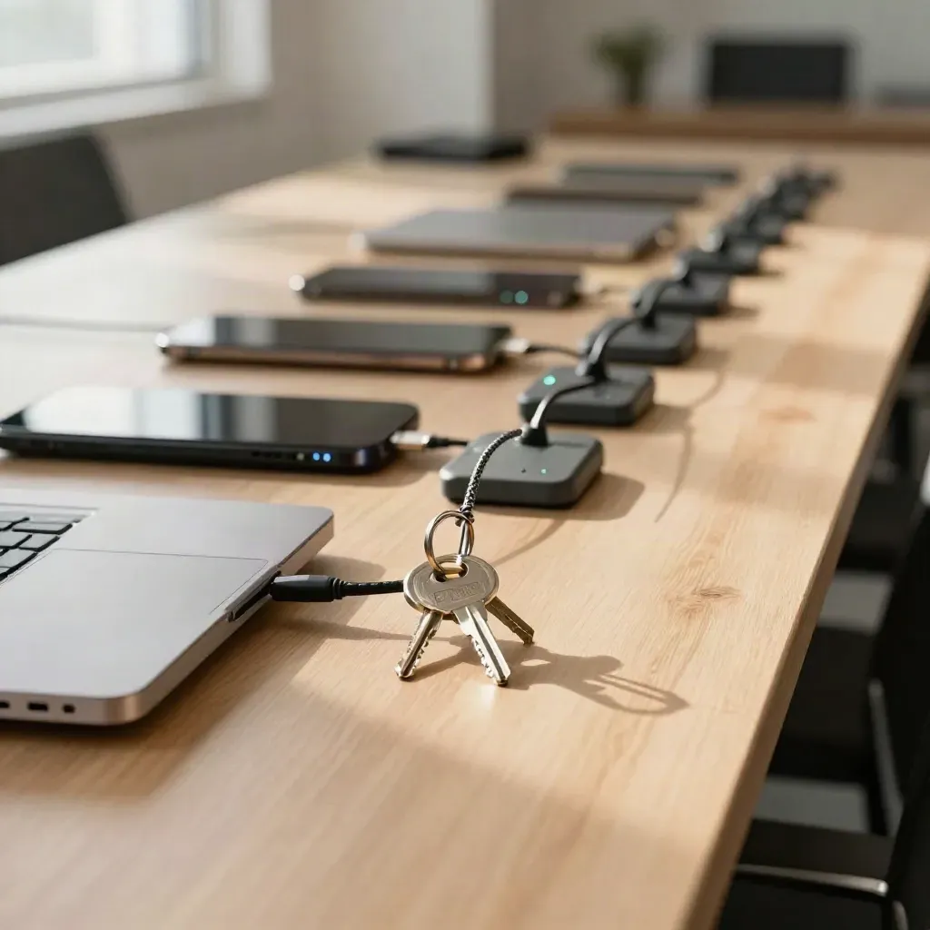 Closed laptops, security keys and phone docks on a sunlit oak table.