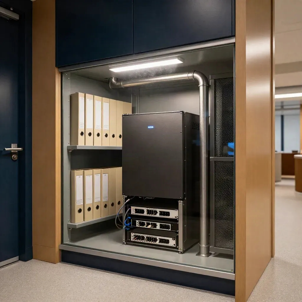 Firewall appliance and backup shelf in a law firm records alcove, lit cinematically