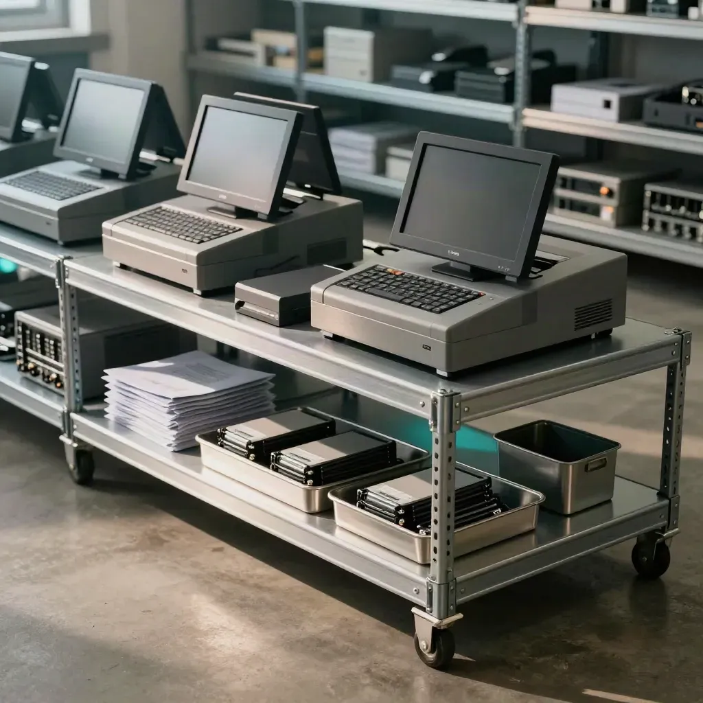 Recovery shelf with restored POS drives, clone dock, and stacked tills in a hazy stockroom