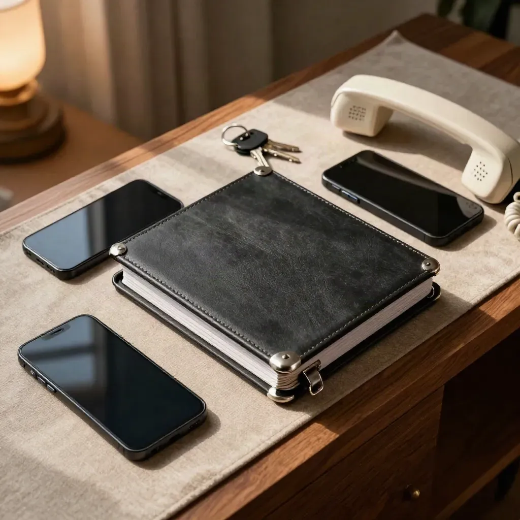 Overhead charity cyber kit with binder, phones, auth keys and landline on walnut.
