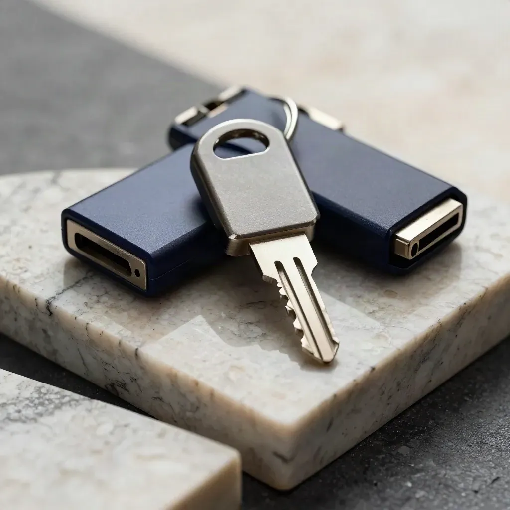 Macro still life of hardware security keys, encrypted USB drives, and a steel key ring on stone.