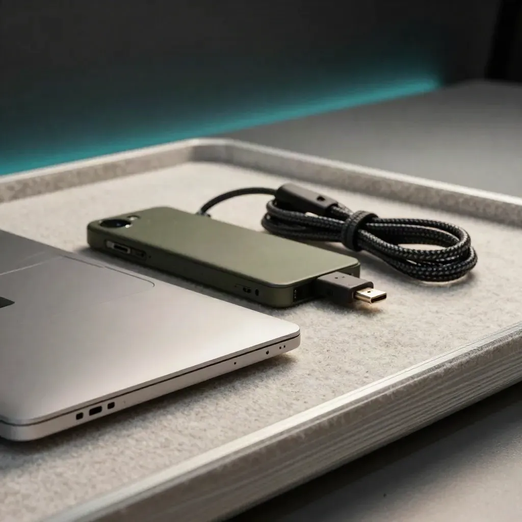 Closed laptops, phone dock and coiled USB-C lead on pale felt under raking daylight.