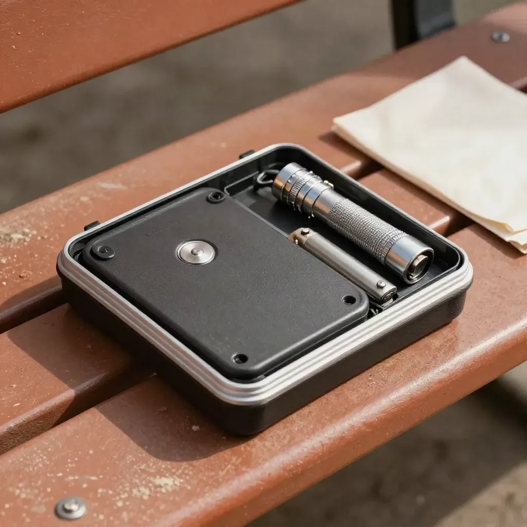 Overhead incident-response kit with drive case, batteries, torch and token on terracotta bench.