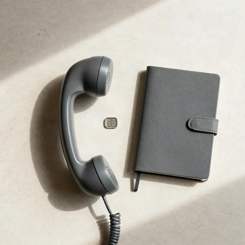 Overhead flatlay of a phone handset, closed notebook and SIM pin on pale stone