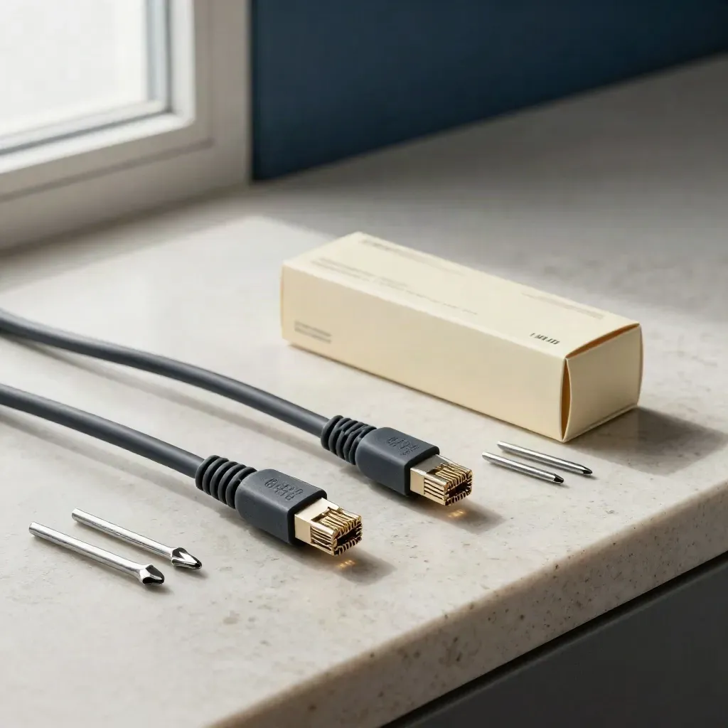 Ethernet cables, firewall carton and screwdriver bits on a clean workbench.