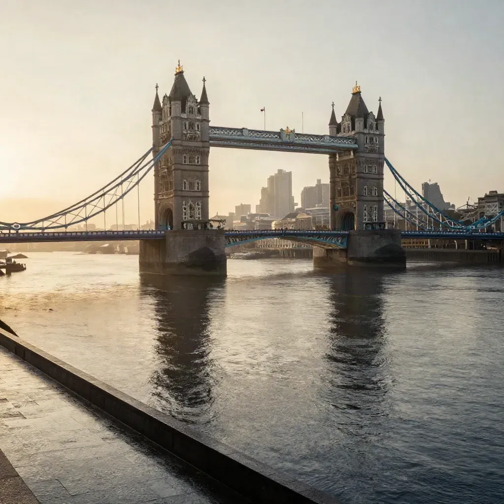 Tower Bridge at sunrise over the Thames with haze, wet stone, and a high City skyline.
