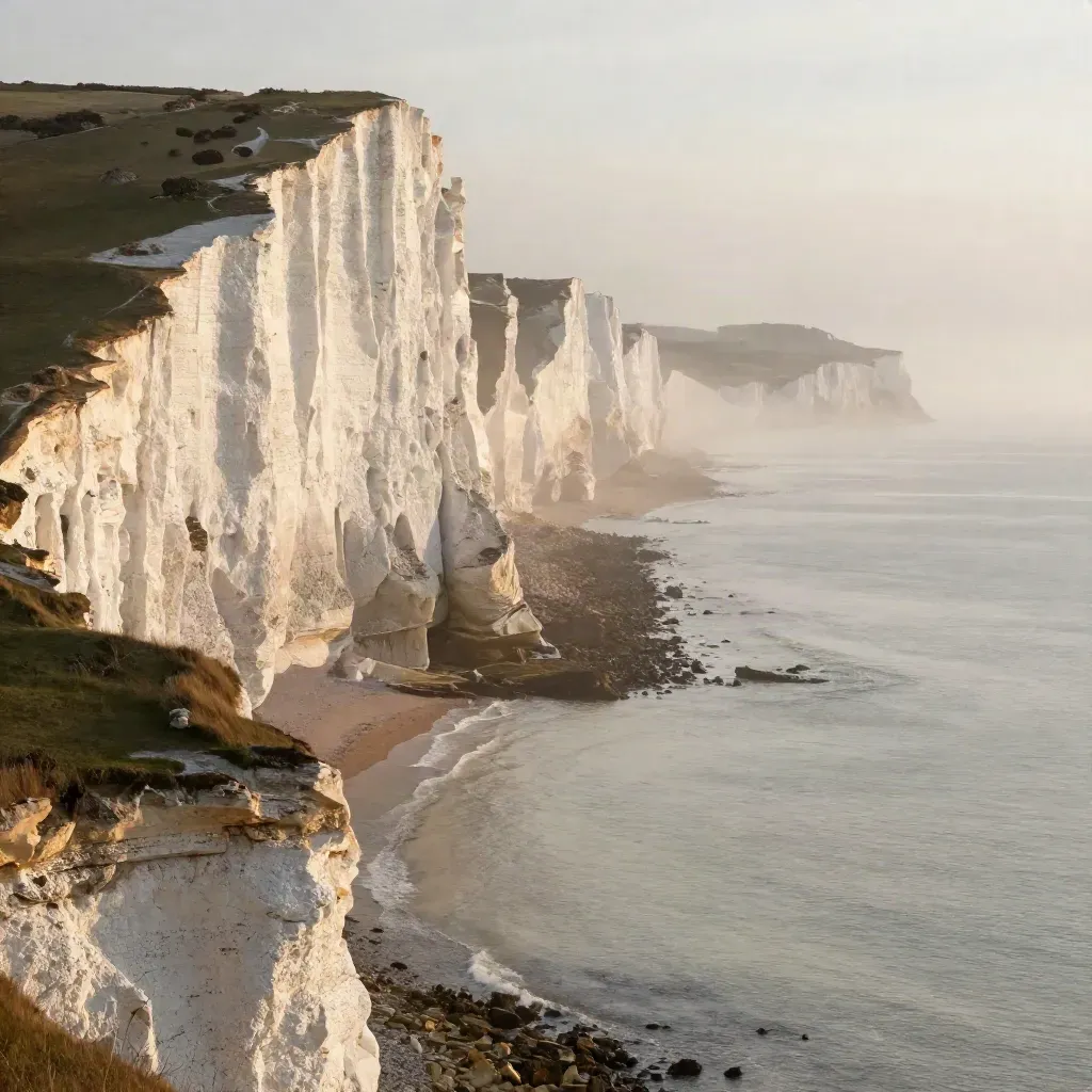 White Cliffs of Dover above calm misty Channel waters at golden hour