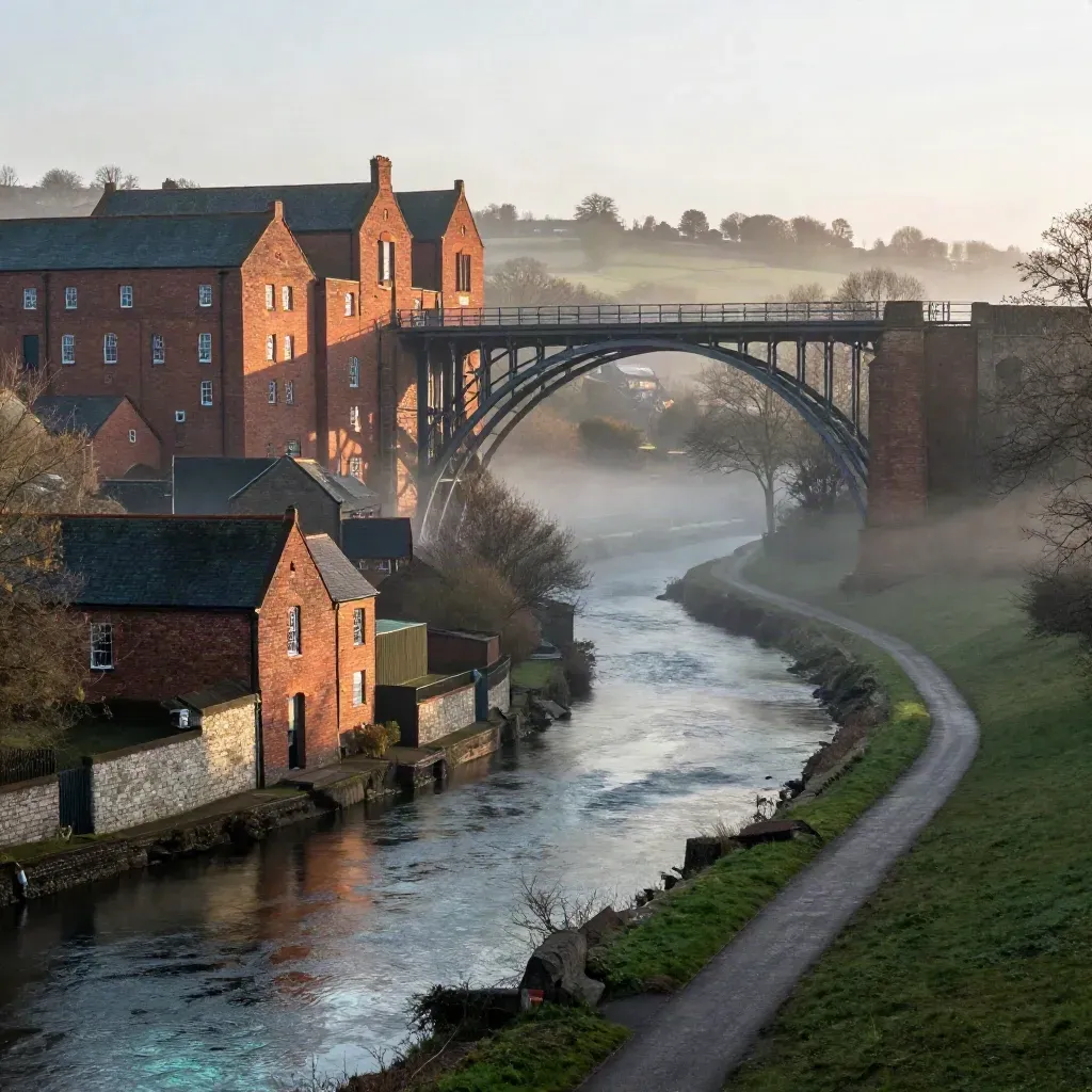 Iron Bridge Gorge and terraced brickworks glowing above a misty valley at dawn