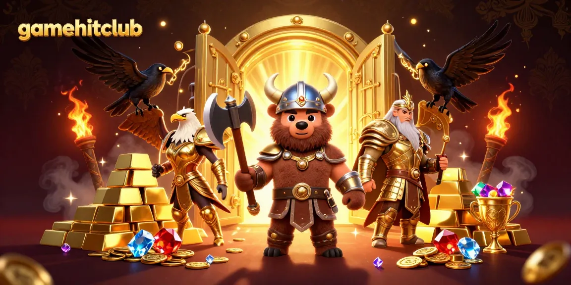 Engage with gamehitclub's immersive online play featuring a Viking bear and Valkyrie eagle in a treasure-filled scene.