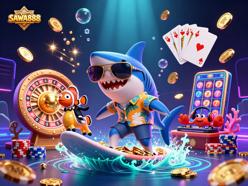 Experience the excitement of SAWA888 with vibrant characters and dynamic gaming elements in this casino-themed illustration.
