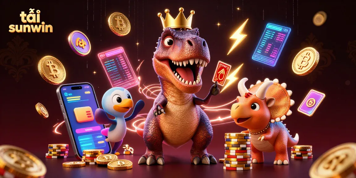 Play with vibrant casino action in tải sunwin, featuring a crowned T-Rex shuffling cards amid glowing crypto elements.